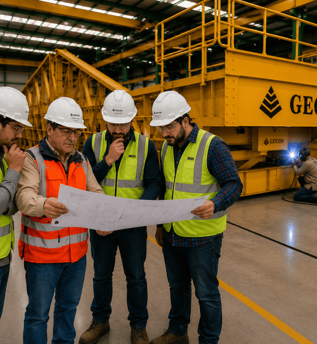 GECON Puentes Grua Industriales Fabricacion Metalmecanica Estructuras Mineras Sistemas de Izaje Overhead Viajeras Equipos RM Hoist Ingenieria Industrial Maestranza Montaje Electromecanico